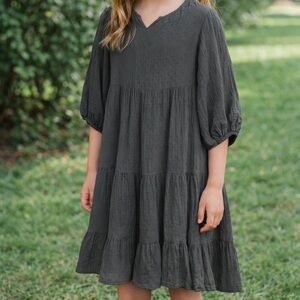 NWT ZARA Girl Gray Cotton Gauze Smock Dress SZ 11/12 Tiered Balloon Long Sleeves